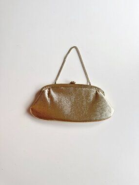 Vintage CINDERELLA Gold Lame Kiss Lock Evening Purse Clutch Bag